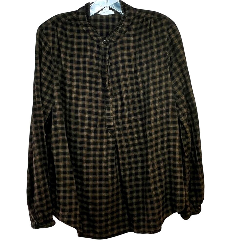 Ruffle Neck Brown Plaid Top Women's Large Beachlunchlounge Jessie Rayon Cotton